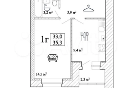 1-к. квартира, 35,3 м², 1/8 эт.